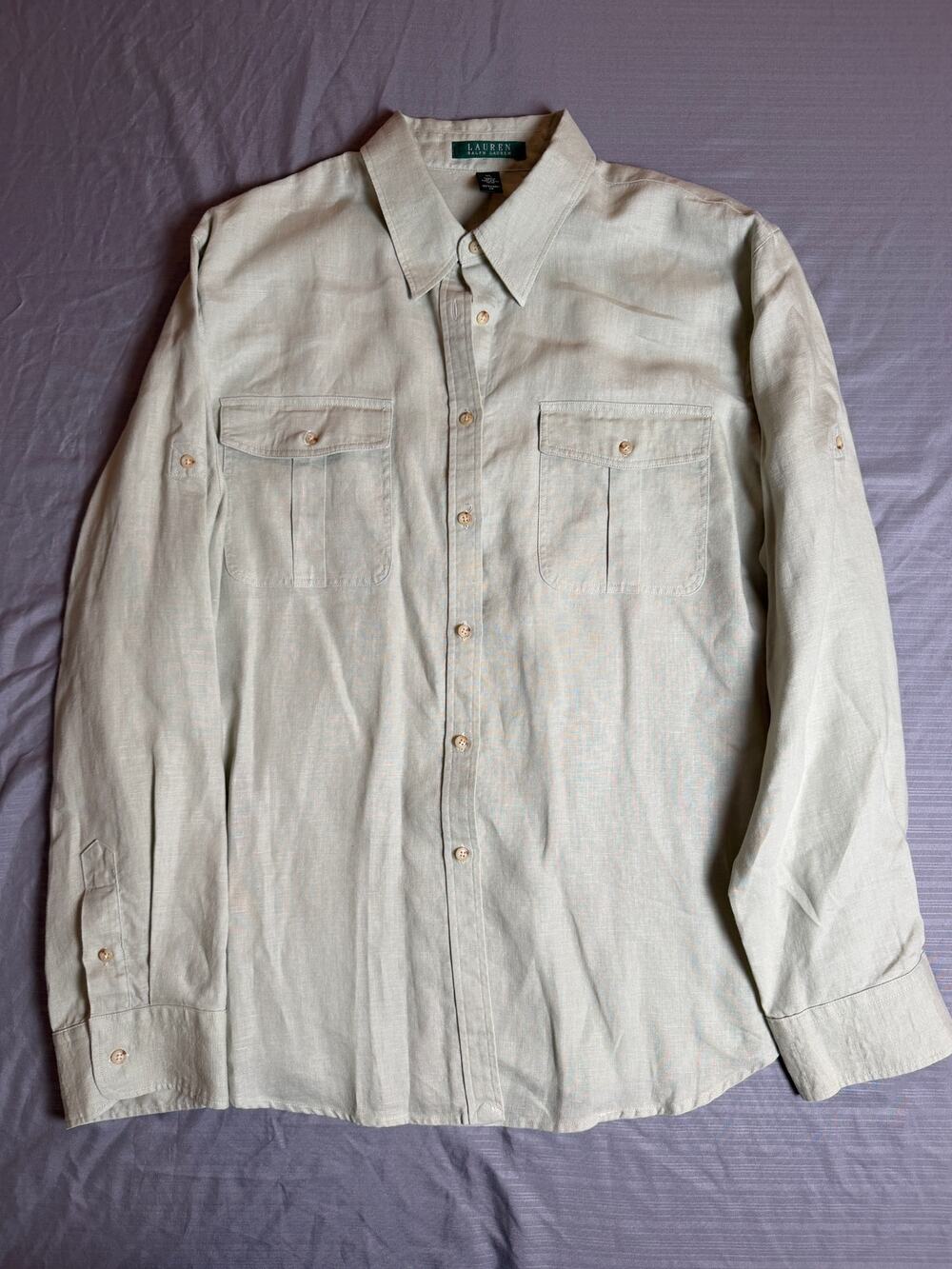 Lauren Ralph Lauren Sage Green Tan 100% Linen Shirt Womens XL Utility